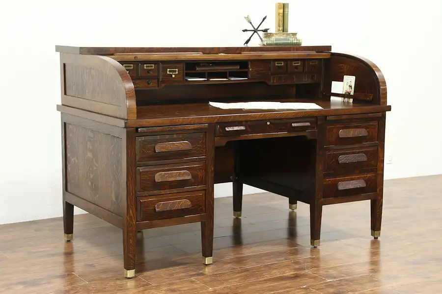 Main image of Oak Quarter Sawn 1915 Antique Craftsman Roll Top Desk, Signed Standard
