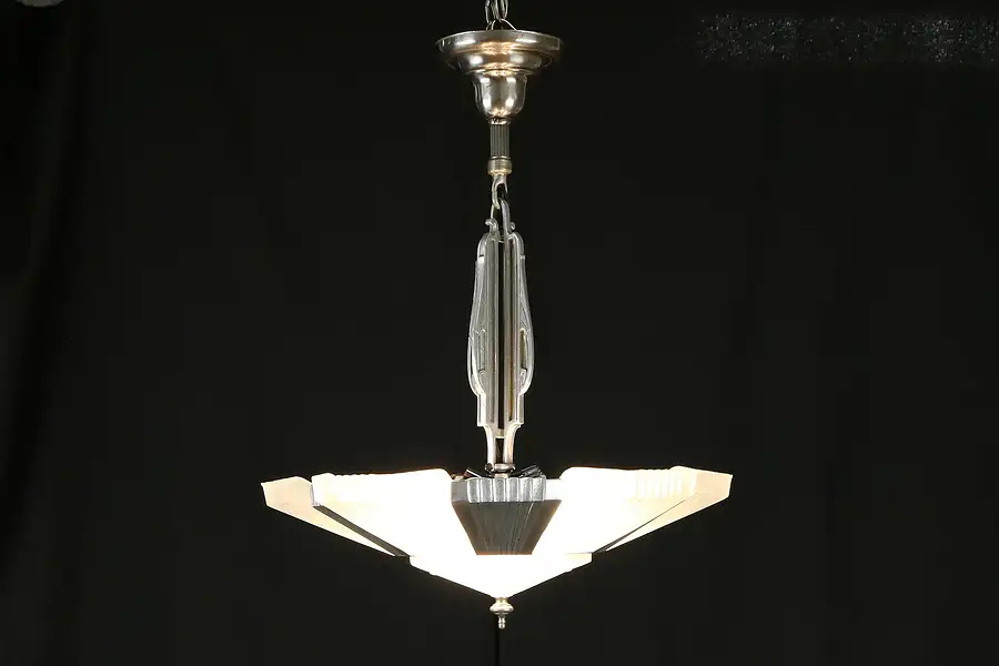 Main image of Art Deco 1930's Vintage Chandelier Light Fixture, Nickel & Satin Glass