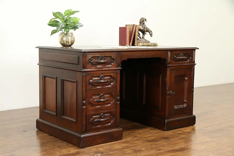 Main image of Victorian Antique 1880 Carved Walnut Library Desk, Secret Compartment