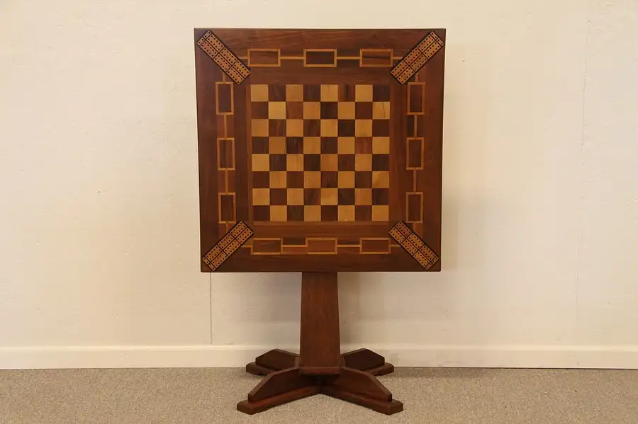 Main image of Antique Chess Checkers Cribbage Game Table