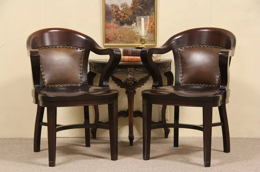 Main image of Pair Antique 1900 Leather and Mahogany Banker Chairs