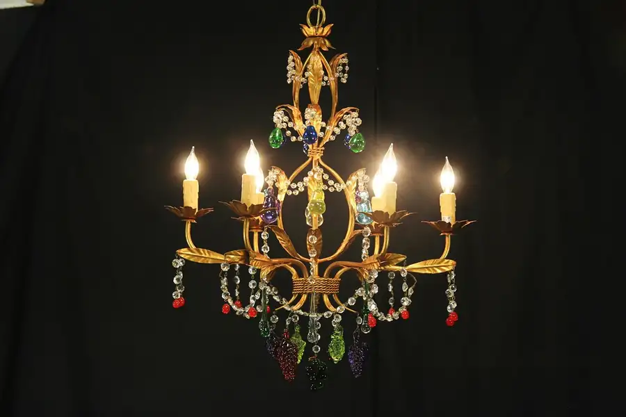 Main image of Italian Vintage Chandelier, Blown Colored Glass Fruit Prisms