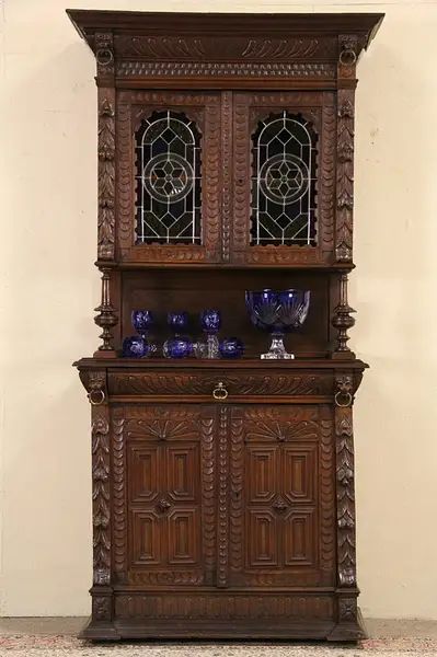 Main image of Renaissance Lion Carved Oak 1880 French Sideboard Cabinet, Stained Glass 2 of 2