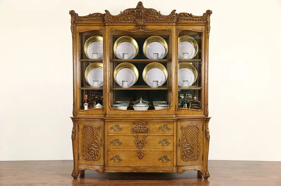 Main image of Oak Victorian Carved 1910 Antique China Display Cabinet, Wavy Glass & Mirrors