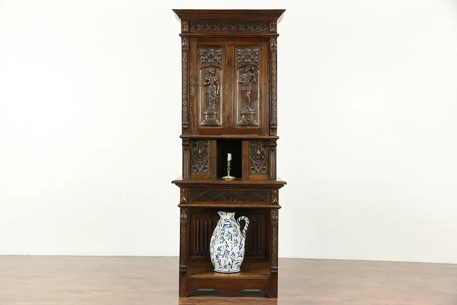 Main image of French Gothic Antique 1900 Oak Cabinet, Hand Carved Figures