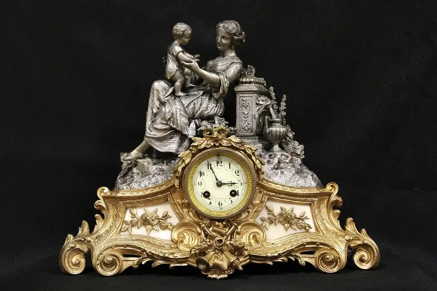 Main image of French Bronze & Pewter Figural Mantel Clock