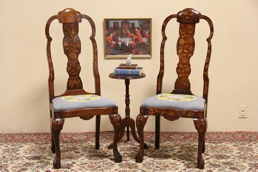 Main image of Pair of 1860 Antique Dutch Colonial East Indies Marquetry Chairs
