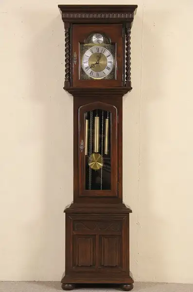 Main image of Ethan Allen Renaissance Style Oak Grandfather Vintage Tall Case Clock