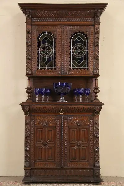 Main image of Renaissance Lion Carved Oak 1880 French Sideboard Cabinet, Stained Glass 1 of 2