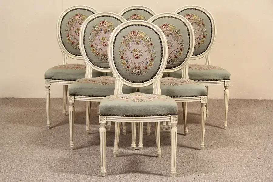 Main image of Set of 6 French 1940's Vintage Painted Dining Chairs, Needle Point Upholstery