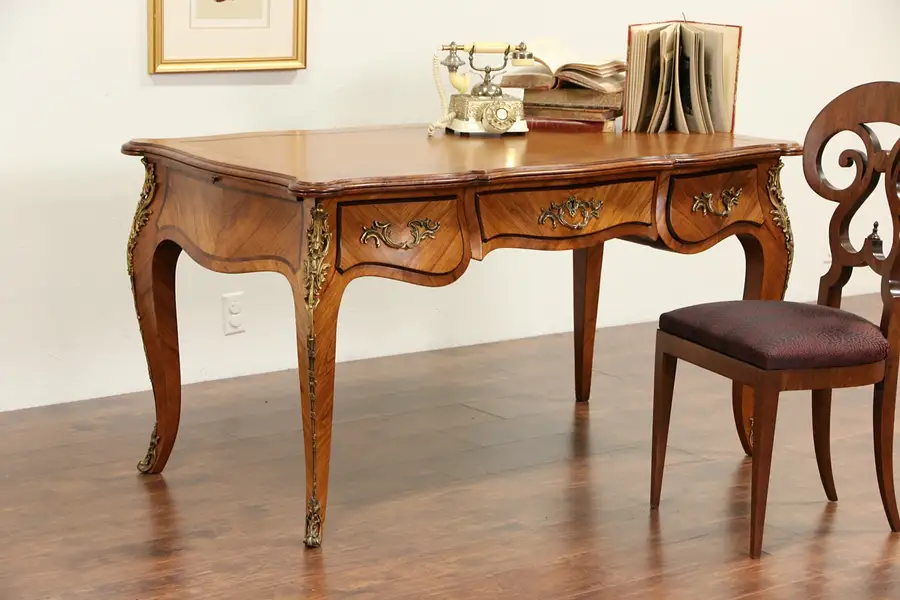 Main image of French Louis XIV 1900's Antique Tulipwood Bureau Plat Desk, Bronze Mounts