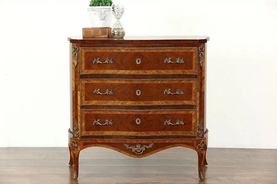 Main image of French Antique Rosewood Marquetry 1920's Chest or Commode, Brass Mounts