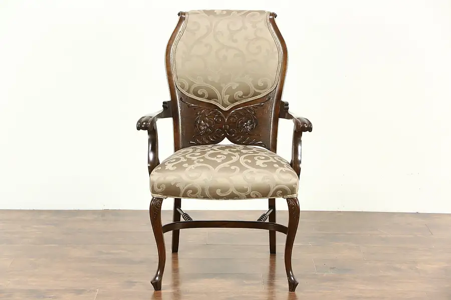Main image of Oak 1900 Antique Carved Desk or Occasional Chair, New Upholstery