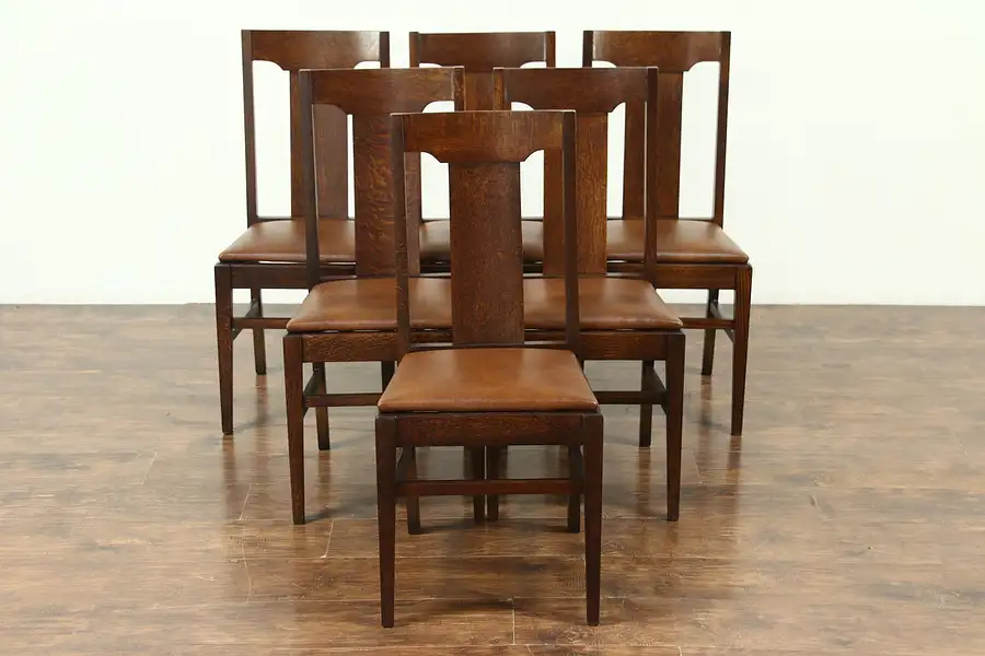 Main image of Set 6 Arts & Crafts Mission Oak Antique Craftsman Dining Chairs, Leather