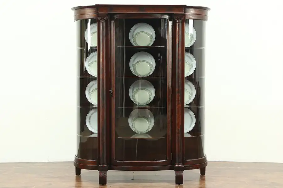Main image of Curved Glass Antique 1900 Empire Mahogany Curio or China Cabinet