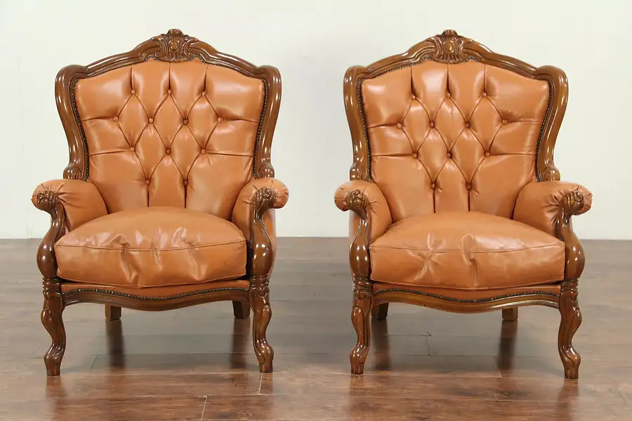 Main image of Pair of Carved Fruitwood Vintage Wing Back Chairs, Tufted Leather, Italy