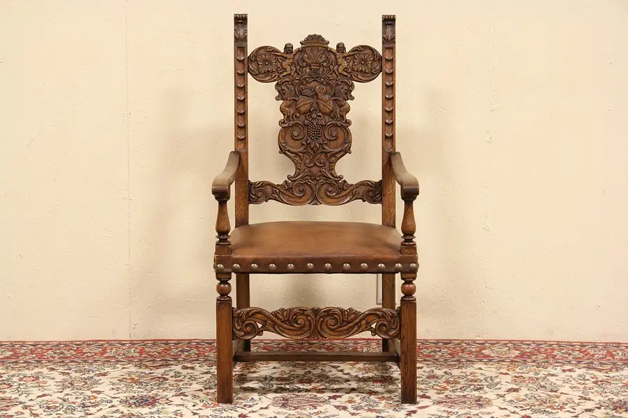 Main image of Renaissance Carved Oak Antique Leather Library Desk Chair