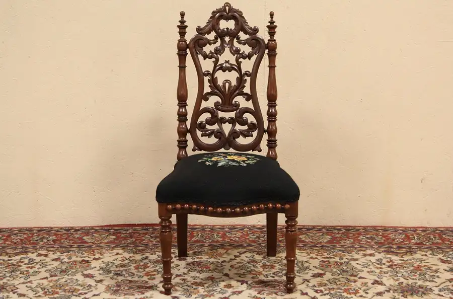 Main image of Victorian Antique 1850's Carved Slipper Chair, Needlepoint Upholstery