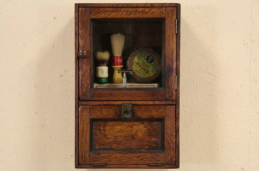 Main image of Oak 1900 Antique Barber Shop Hanging Cupboard or Medicine Chest