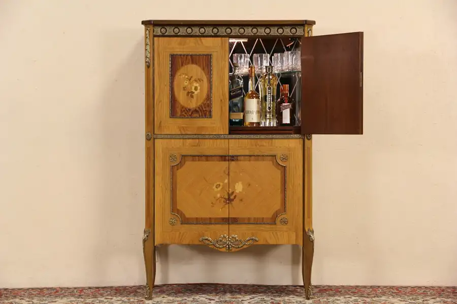 Main image of Rosewood Danish 1940's Vintage Marquetry Lighted Bar Cabinet