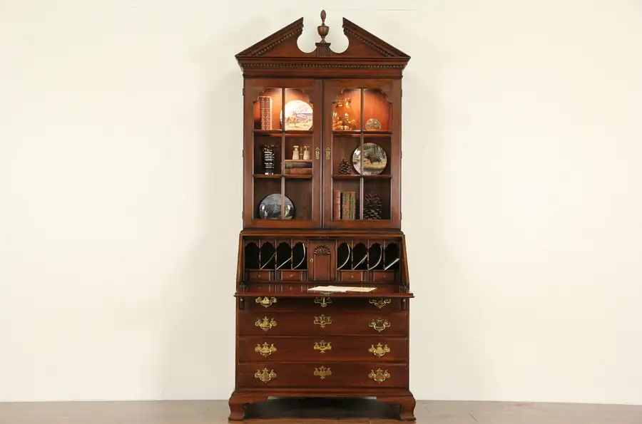 Main image of Statton Signed Vintage Cherry Secretary Desk, Lighted Bookcase