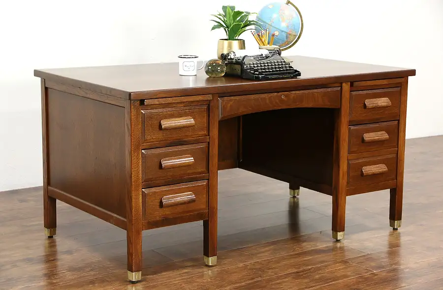 Main image of Oak 1915 Antique Desk, File Drawer, Pull Out Shelves, Brass Feet