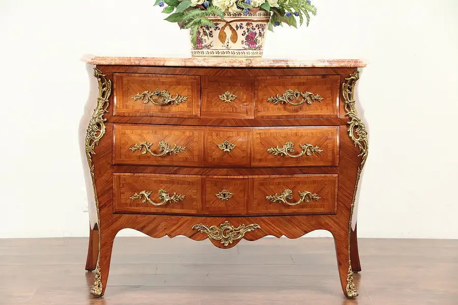 Main image of Bombe Tulipwood & Rosewood Marquetry Chest, Dresser, Commode, Marble Top