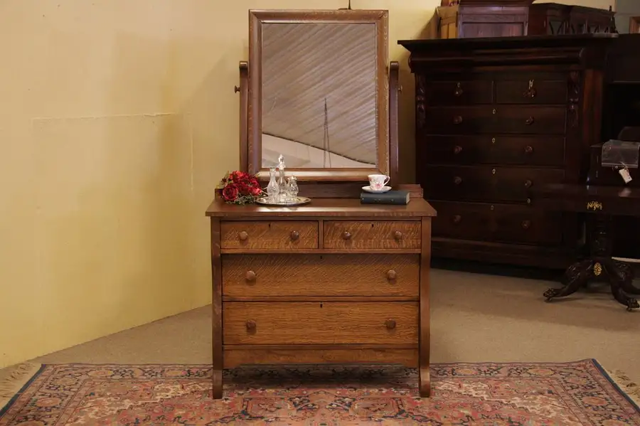 Main image of Oak Antique Dresser, Swivel Mirror