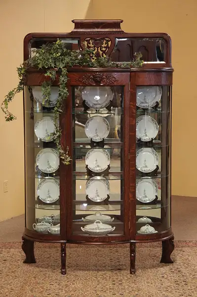 Main image of Victorian Oak Curved Glass Curio or China Cabinet