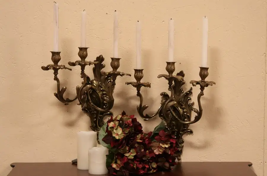 Main image of Pair Bronze Rococo Triple Wall Candle Sconces