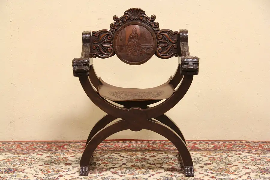 Main image of Spanish Colonial Hand Carved Chair, Embossed Leather Seat