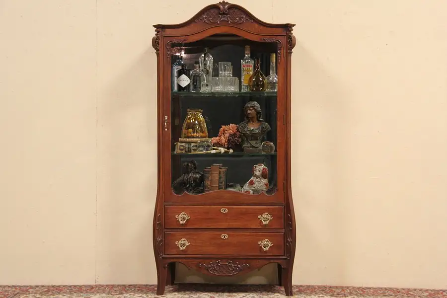 Main image of Victorian Carved Oak 1900 Curio or China Cabinet, Wavy Glass