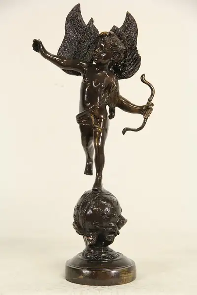 Main image of Cupid Angel Bronze Sculpture, Vintage Statue with Bow on Globe