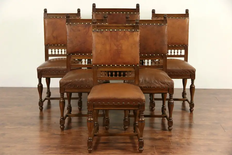 Main image of Set of 6 Italian Antique 1890 Oak & Worn Leather Dining Chairs, Carved Lions