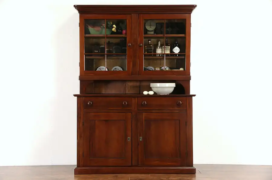 Main image of Pennsylvania Cherry 1840 Antique Pantry Cupboard, Wavy Glass Doors