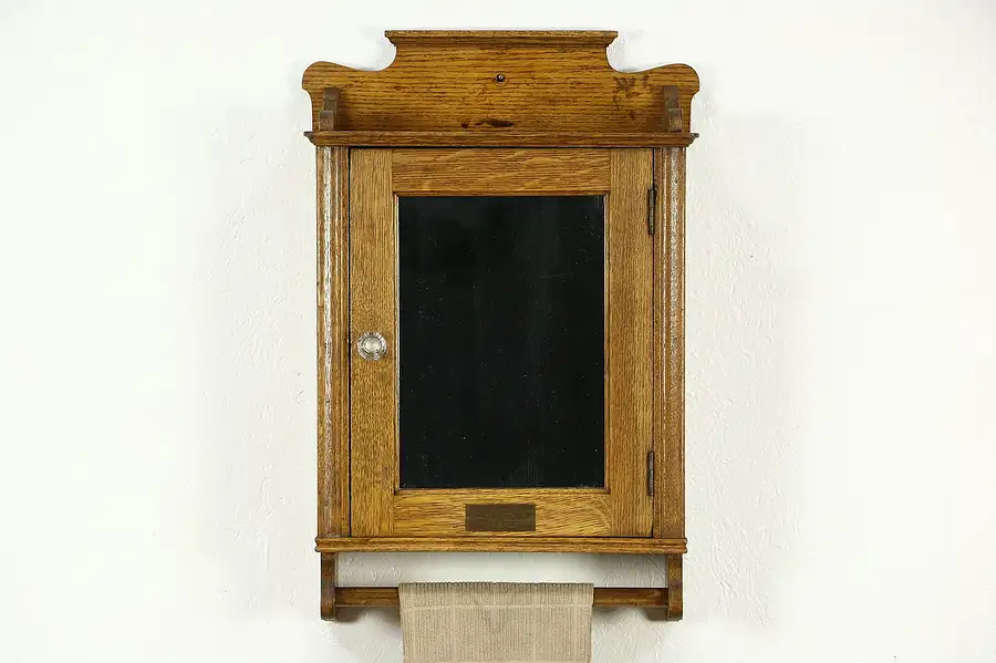 Main image of Barber Shop Signed American Linen Hanging Antique Oak Medicine Cabinet & Mirror