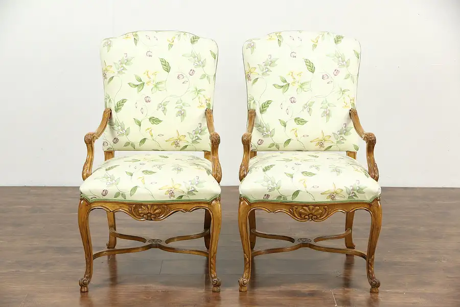 Main image of Pair of Country French Carved Beech Chairs, Newly Upholstered