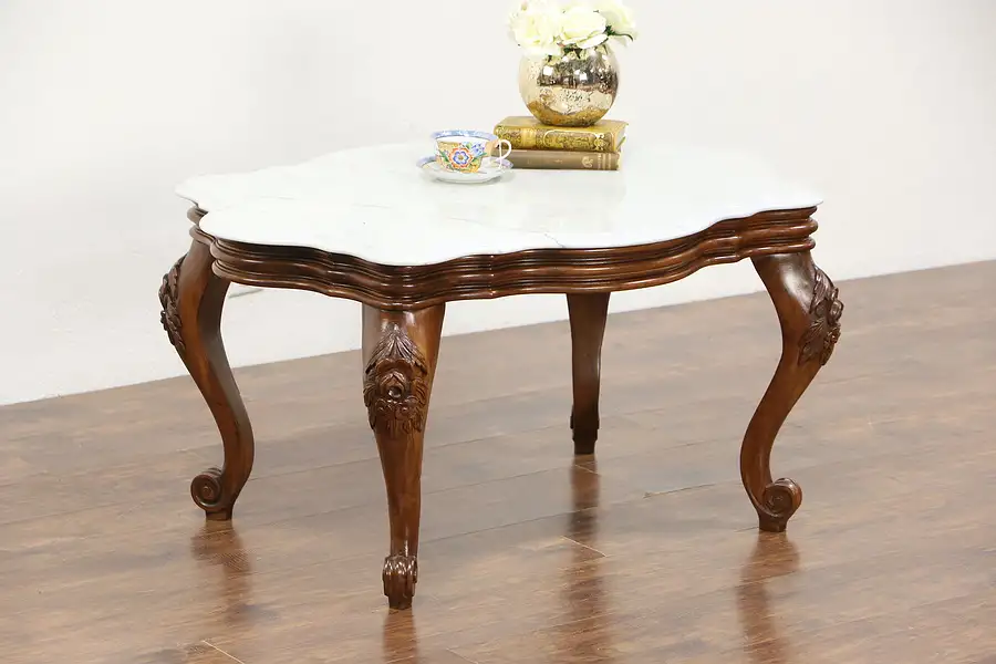 Main image of Victorian Style Vintage Marble Top Coffee Table, Carved Walnut
