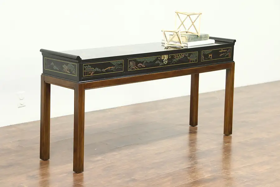 Main image of Chinese Painted Lacquer Vintage Sofa or Hall Table, Signed Drexel
