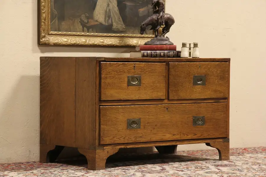 Main image of Oak 1900 Antique English Campaign Chest or Dresser