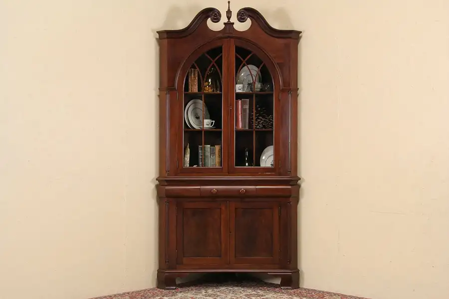 Main image of Classical Mahogany 1900 Antique Corner Cabinet, Arched Doors