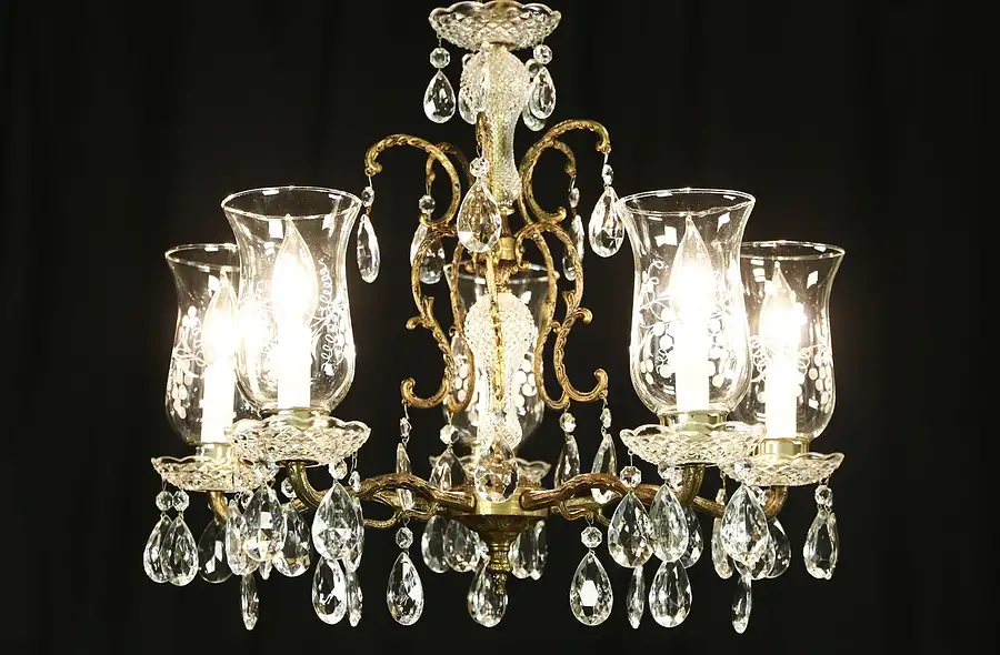 Main image of Crystal & Brass 1950's Vintage 5 Light Chandelier