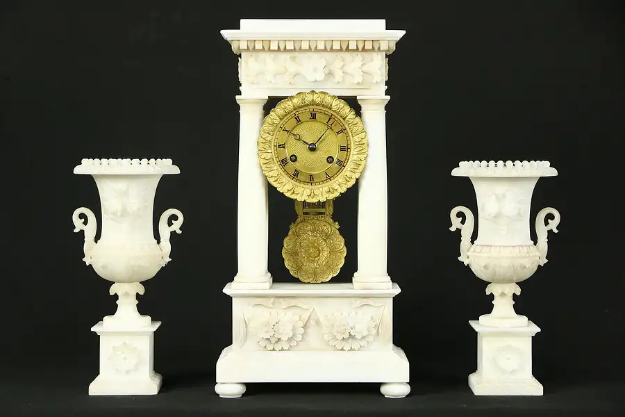 Main image of French Hand Carved Alabaster & Bronze 3 Pc. Antique 1840 Mantel Clock Set