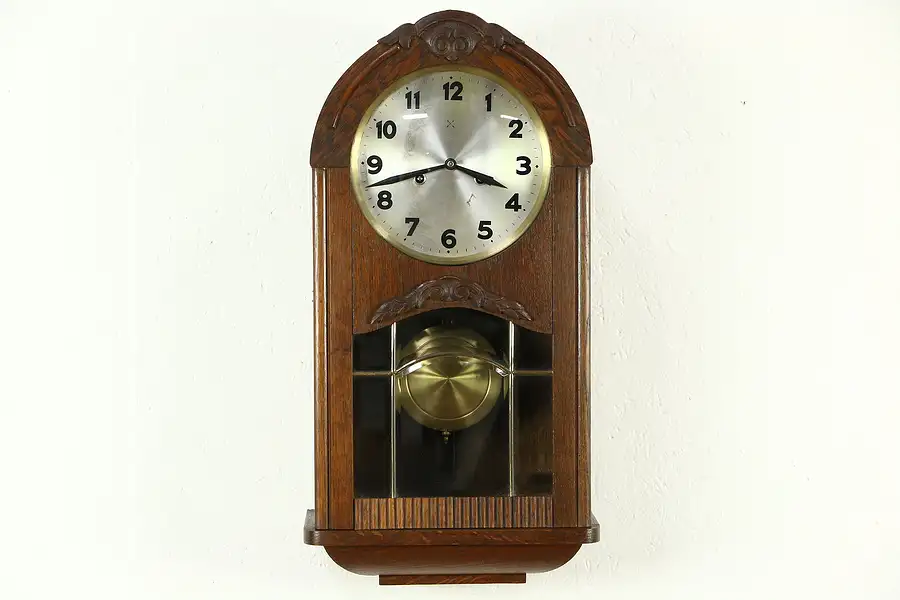 Main image of Junghans Oak German 1910 Antique Wall Clock, Beveled Leaded Glass