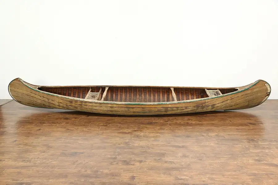 Main image of Old Town Maine Signed Antique 16' Wood Canoe for Restoration or Decoration