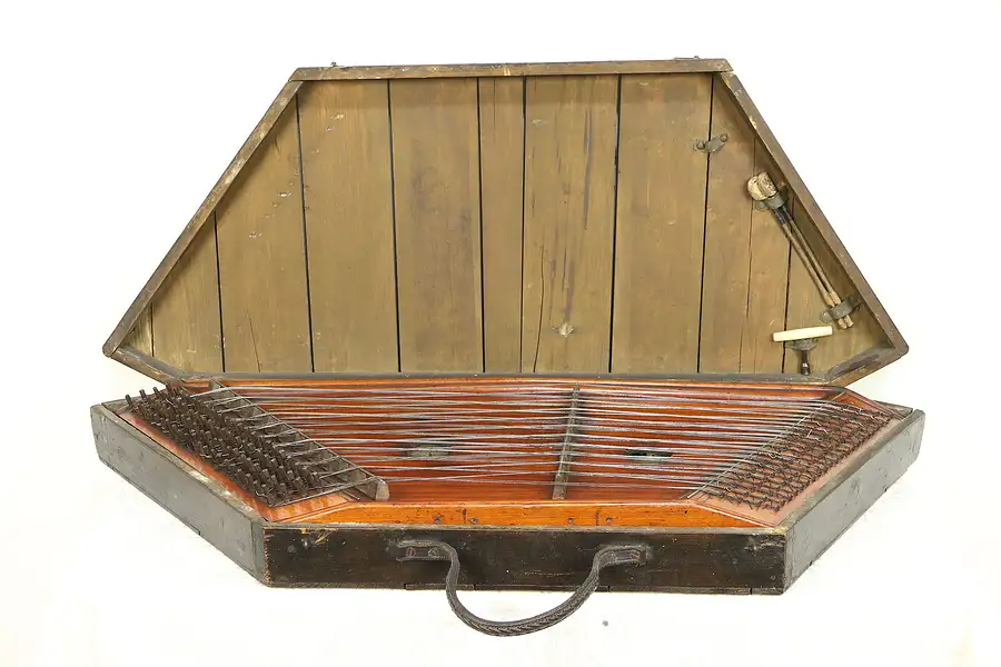 Main image of Hammered Dulcimer Antique Folk Musical Instrument & Wood Case