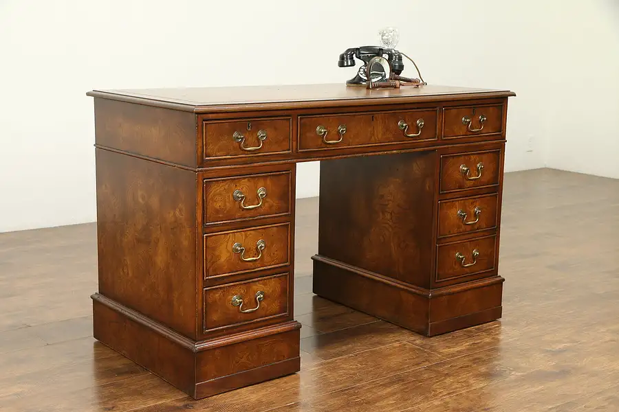 Main image of Traditional Elm Burl English Vintage Library Desk, Leather Top