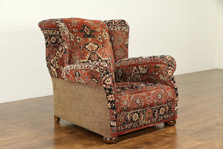 Main image of Oriental Rug Upholstered Vintage Large Wing Chair