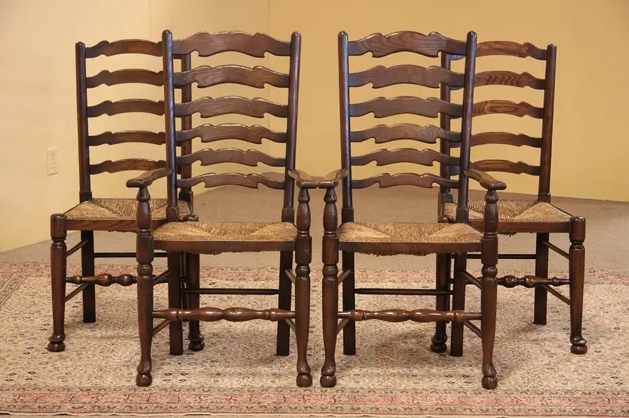 Main image of Set of 4 Rush Seat Antique Ladderback Dining Chairs