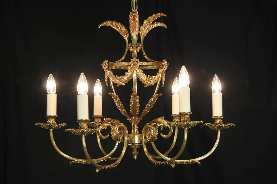 Main image of Brass Vintage 6 Candle Chandelier, Leaf & Swag Motifs